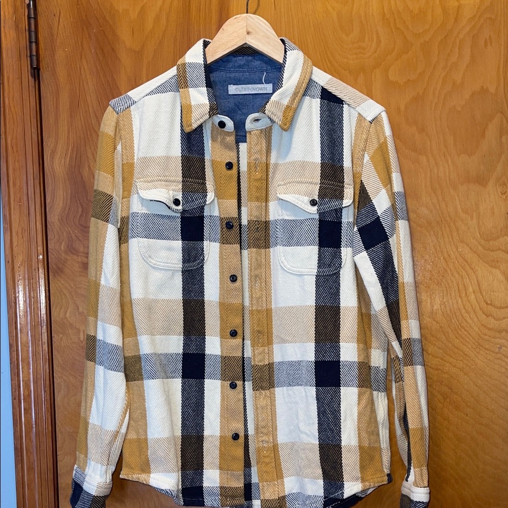 Outerknown Plaid Button Down Shirt - Mustard, White, and Black